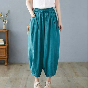 Leesechin Plus Size Linen Pants Clearance Fashion Women Plus Size Drawstring Casual Solid Elastic Waist Pocket Loose Pants