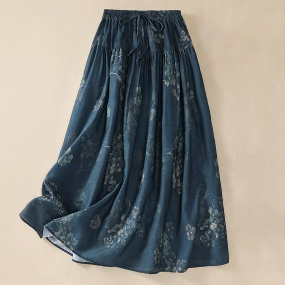 Leesechin Plus Size Skirts with Elastic Waist Deals Ladies Printed Cotton and Linen MIDI Style Skirt Drawstring Skirt on Clearance