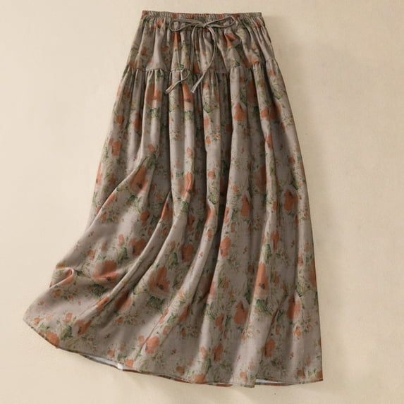 Leesechin Plus Size Skirts with Elastic Waist Deals Ladies Printed Cotton and Linen MIDI Style Skirt Drawstring Skirt on Clearance