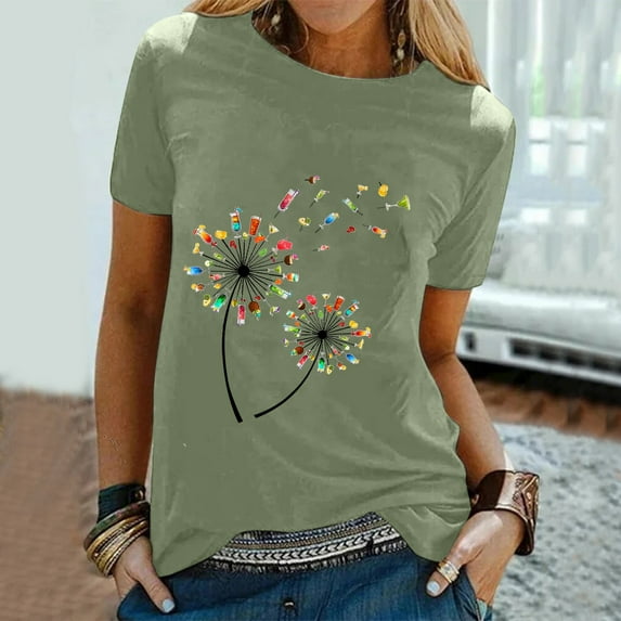 Leesechin Plus Size Tops for Women Cute Graphic Tees Loose Fit Flower Printing Short Sleeve Crew Neck T Shirts Light Green