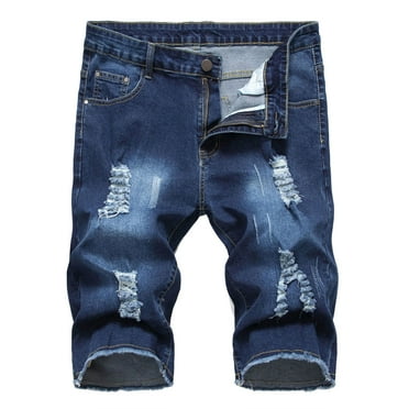 Leesechin Regular Fit Jeans Short Zipper Elastic Slim Casual Denim Shorts Play Wrap Ripped Mid-length Pants Dark Blue 2XL