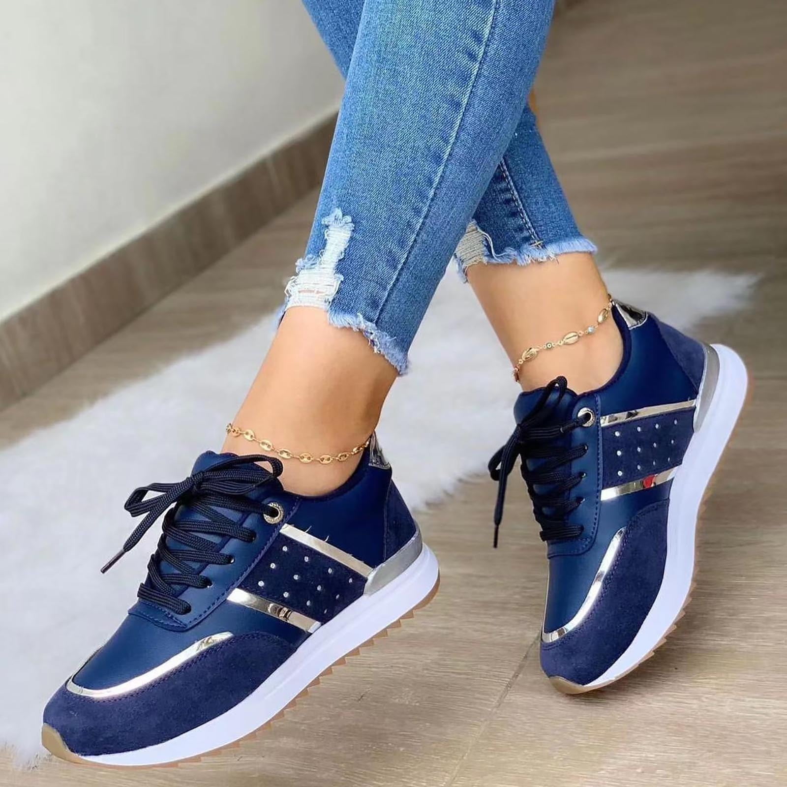 Leesechin Round Head Thick Sole Low Top Stitching Outdoor Sports Lace-up  Comfortable Casual Shoes Blue on Clearance 