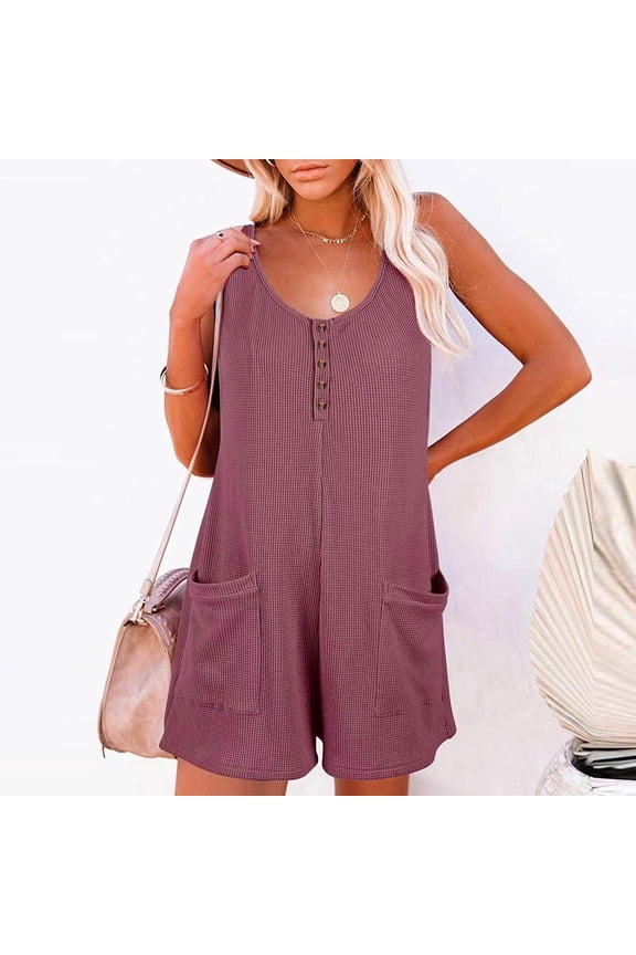 Scoop Solid Neck Sleeveless One-Piece Buttons Short Juniors Jumpsuit Rompers With Pockets