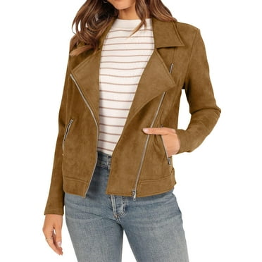 Leesechin Scrub Jackets for Women Clearance Fall Faux Suede Biker Moto Jacket Fashion Long Sleeve Zipper Short Casual Coat with Pockets