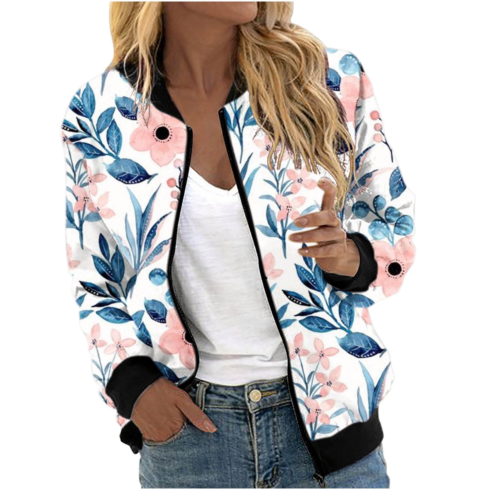 Leesechin Scrub Jackets for Women Clearance Stylish Stand up Collar Pocket Zipper Floral Print Long Sleeve Casual Coat