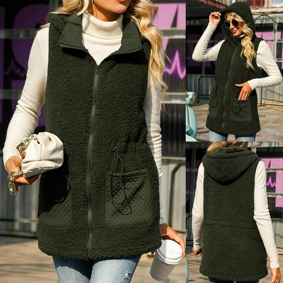 Leesechin Scrub Jackets for Women Zipper Medium Length Solid Color Sleeveless Hooded Bubble Down Vest Sleeveless Hooded Casual Coat/Jacket