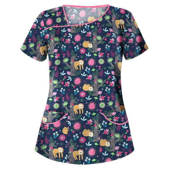 Leesechin Scrub Tops for Women Stretchy Vneck Short Sleeve Cute Floral Animal Printed Holiday Nursing Pocketed Working Uniforms