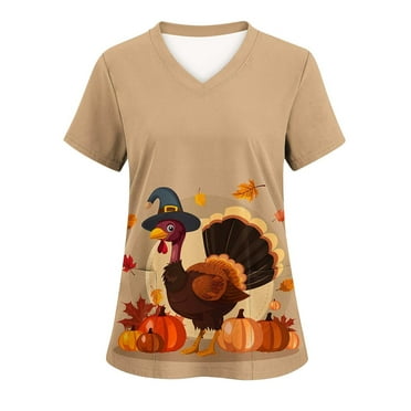 Leesechin Scrubs for Women V-Neck Scrub Top - Thanksgiving Day Prints, with Pockets, Easy Care Uniforms