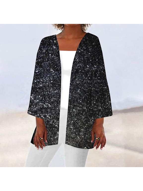 Leesechin Sequin Cardigans for Women Sparkly Long Sleeve Shirts Tops Open Front Outerwear Coat Shimmer Glitter Loose Jackets