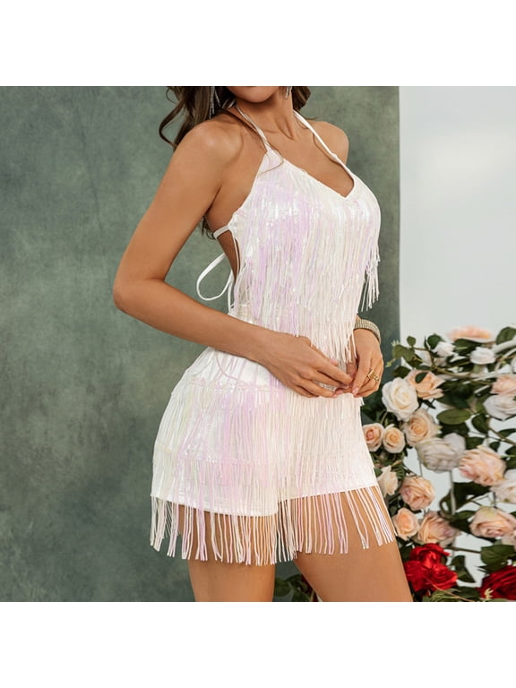 Leesechin Sequin Fringe Romper,Sparkly Glitter Metallic Jumpsuits For Women,Backless Shorts Dress Disco Birthday Dance Outfit