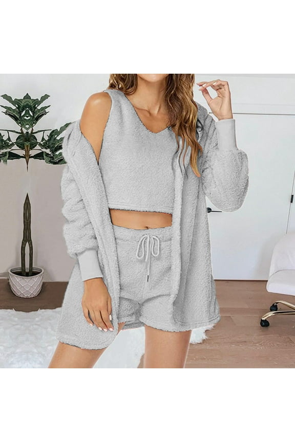 Leesechin Sexy Fuzzy 3 Piece Pajamas Lounge Sets for Womens Cozy 3-piece Fluffy Fleece Cardigan Robe Crop Top Shorts Warm PJ Set