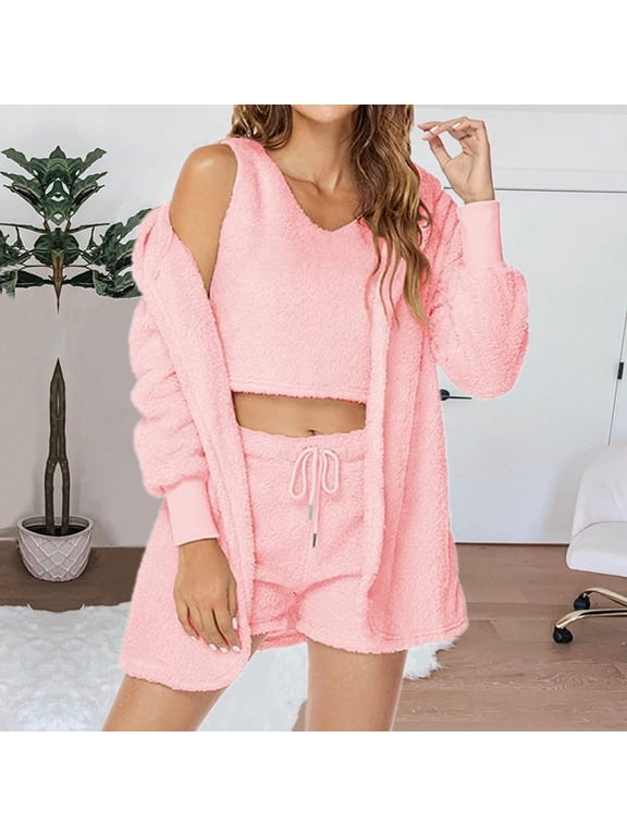 Leesechin Sexy Fuzzy 3 Piece Pajamas Lounge Sets for Womens Cozy 3-piece Fluffy Fleece Cardigan Robe Crop Top Shorts Warm PJ Set