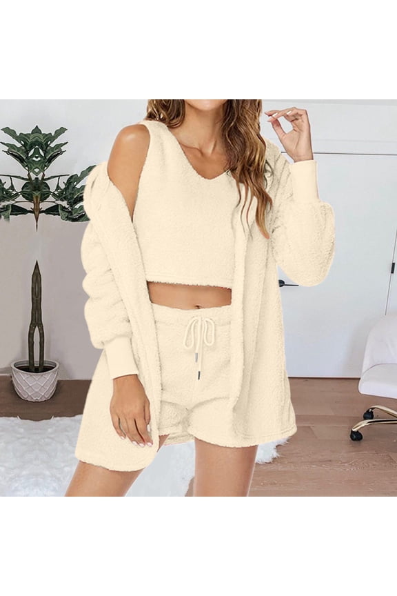 Leesechin Sexy Fuzzy 3 Piece Pajamas Lounge Sets for Womens Cozy 3-piece Fluffy Fleece Cardigan Robe Crop Top Shorts Warm PJ Set