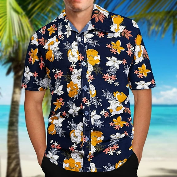 Leesechin Short Sleeve Shirts For Men Clearance Hawaiian Print Lapel Shirt 2X Yellow