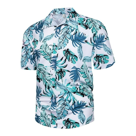Leesechin Short Sleeve Shirts For Men Hawaiian Print Lapel Shirt 3X Green