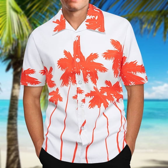 Leesechin Short Sleeve Shirts For Men Clearance Hawaiian Print Lapel Shirt 5X Orange