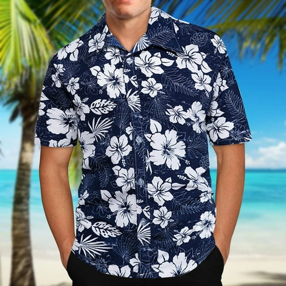 Leesechin Short Sleeve Shirts For Men Clearance Hawaiian Print Lapel Shirt 5X White