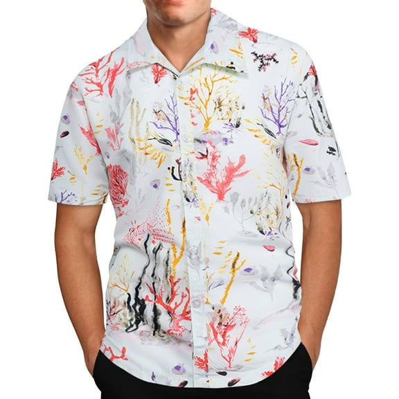 Leesechin Short Sleeve Shirts For Men Clearance Hawaiian Print Lapel Shirt 5X White
