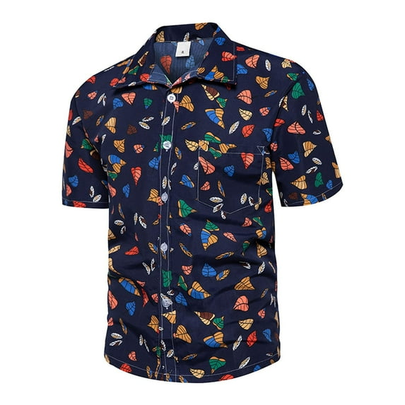 Leesechin Short Sleeve Shirts For Men Hawaiian Print Lapel Shirt L Blue
