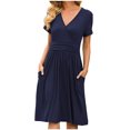 thumbnail image 1 of Leesechin Short Sleeve Summer Dresses Plus Size Women Fashion Casual Comfy Solid Color V-Neck Pocketed Dress, 1 of 5