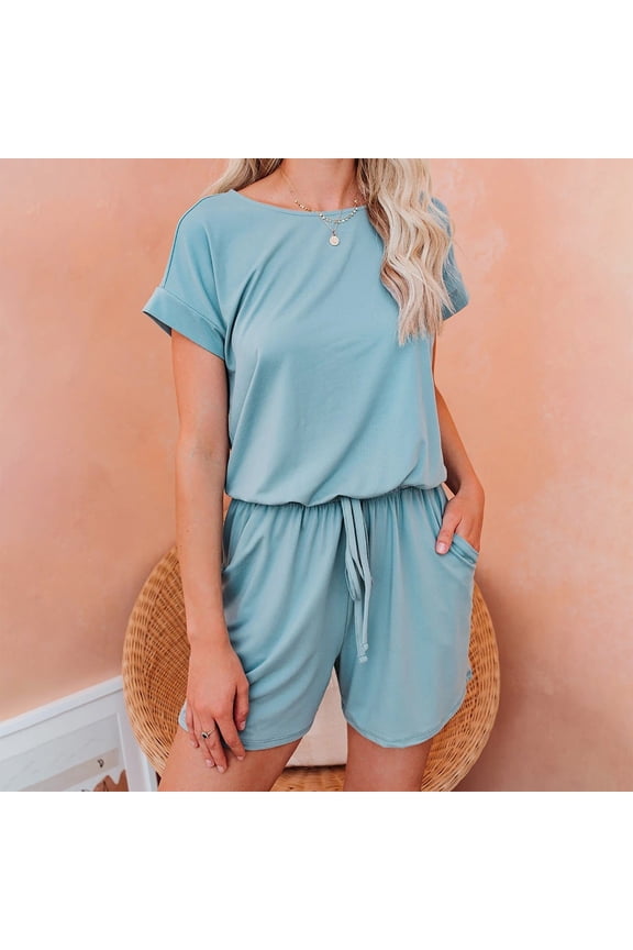 Short Sleeved Round Neck Waist Fitting Juniors Jumpsuit With Drawstring And Waist Trimming Romper