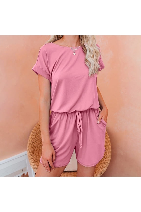 Short Sleeved Round Neck Waist Fitting Juniors Jumpsuit With Drawstring And Waist Trimming Romper