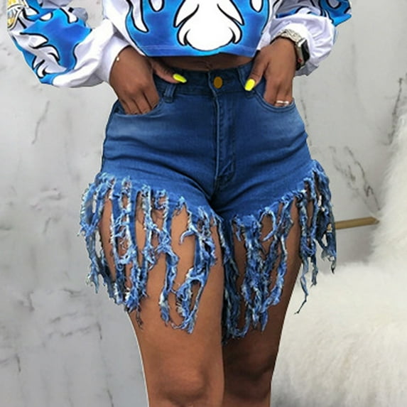 Leesechin Shorts for Women Trendy Slim Sexy High Waist Short Jeans Tassel Denim Regular Pants