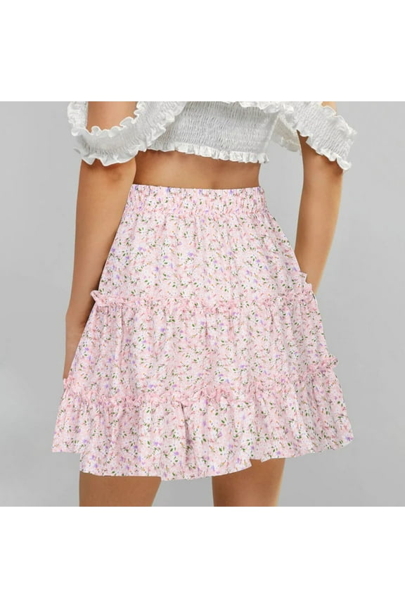 Leesechin Skirts for Women Ladies Summer Casual Vintage High Waist Floral Print Beach Ruffled Dress