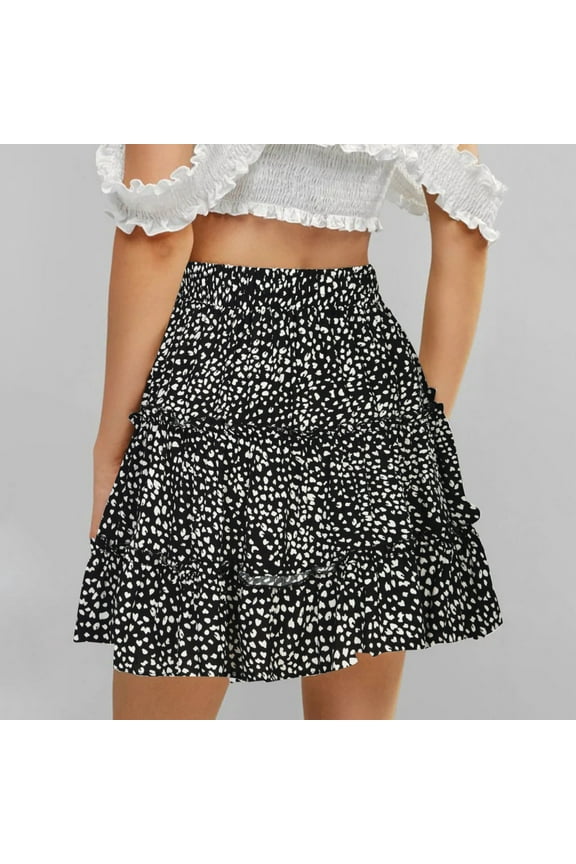 Skirts for Women Ladies Summer Casual Vintage High Waist Floral Print Beach Ruffled Dress