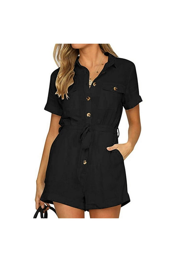 Leesechin Spring Summer Solid Shirt Button V-Neck Short Sleeved One-Piece Juniors Jumpsuit Shorts