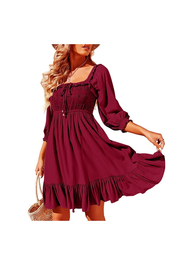 Leesechin Summer Dresses for Women 2024 Women's Square -Neck Fashion Casual Temperament Drawcord Hollow Open Back Lace-up 3/4 Bubble Sleeve Slim Sexy Dress