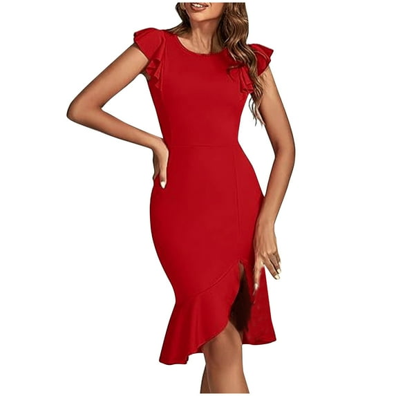 Leesechin Summer Dresses for Women 2024 New Fashion Women's Ruffled Short Sleeved Dress Round Neck Irregular Hem Formal Dress