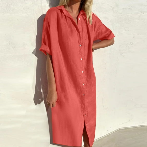 Leesechin Summer Dresses for Women 2024 Clearance Womens Spring and Summer Lapel Cotton Linen Button Dress Casual Pocket Short Sleeve Shirt Dress