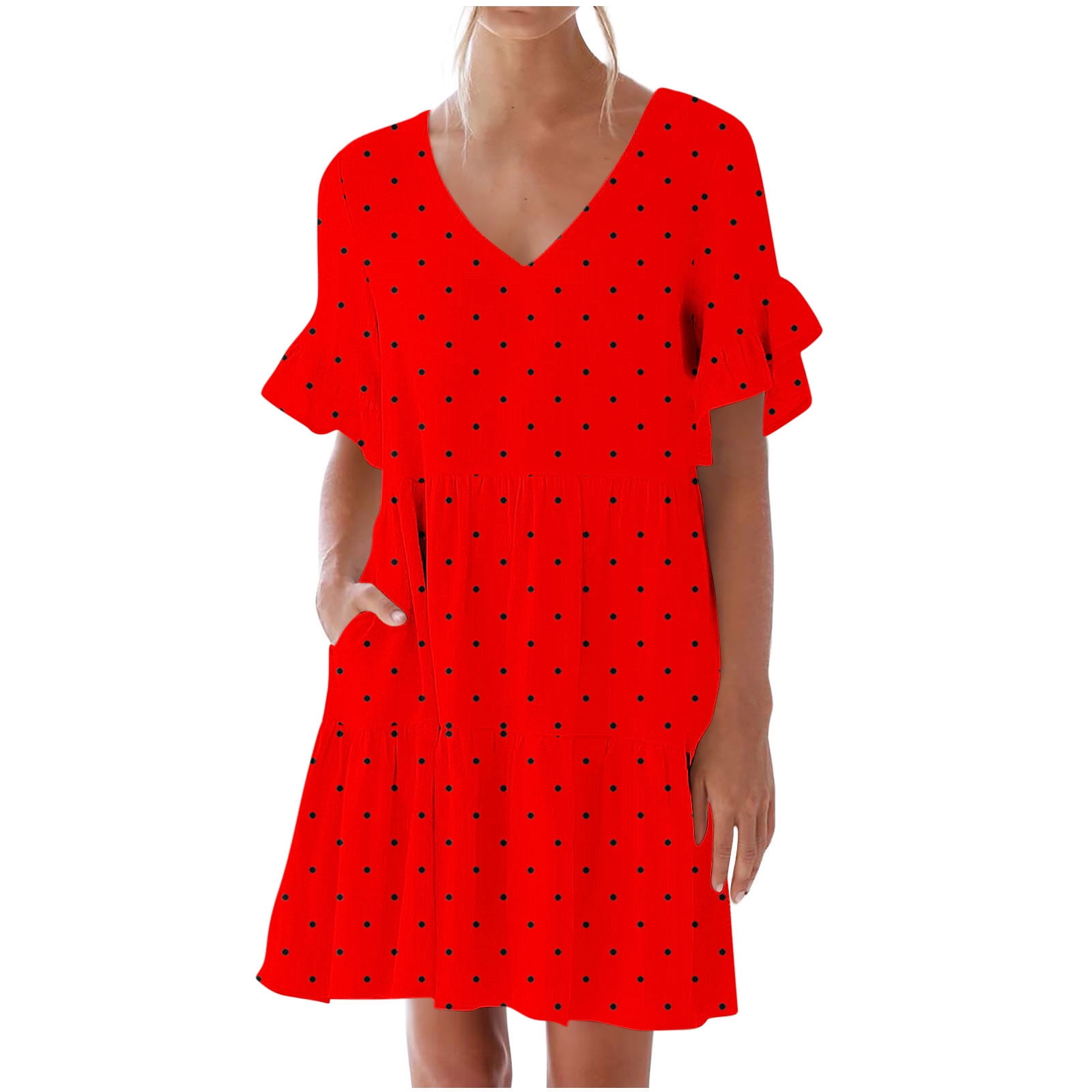cute summer dresses for short women Leesechin Ladies Plus Size Elegant Dress Sweet & V-Neck Mini Dress with Pocket Sleevele Ruffle Dress, Women's petite summer outfits over 40 Gameday Collection - Gameday Sunday 7.19 the surface without any Color:Ivory/Light Blue Print