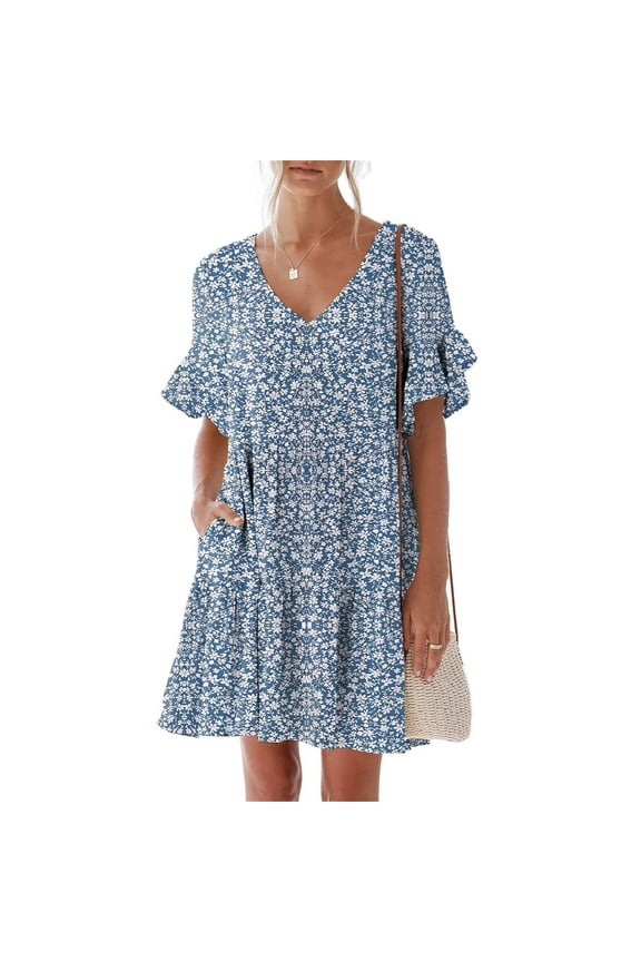 Summer Dresses for Women Ladies Plus Size Elegant Dress Sweet & Cute V-Neck Mini Dress with Pocket Short Sleevele Ruffle Dress