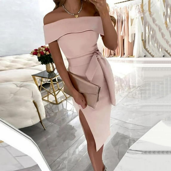 Leesechin Summer Dresses for Women Ladies Plus Size Party Club Solid Slimming One Shoulder Bandage Split Dresses