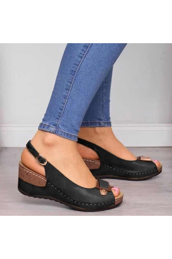 Leesechin Summer Fashion Women Wear Open Toe Fish Mouth Slope Heel Breathable Single Shoe Black