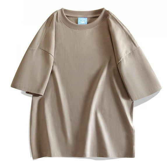 Leesechin Summer Men's Short-Sleeved Round Neck Half-Sleeved T-Shirt Cotton Solid Color Tops Oversized Khaki M