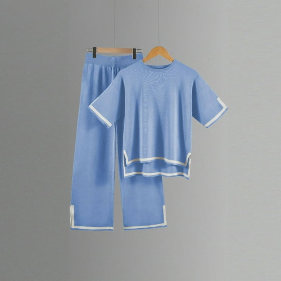 Leesechin Tanming Sweater Sets Women 2 Piece Lounge Sets Short Sleeve Knit Pullover Tops Wide Leg Pants
