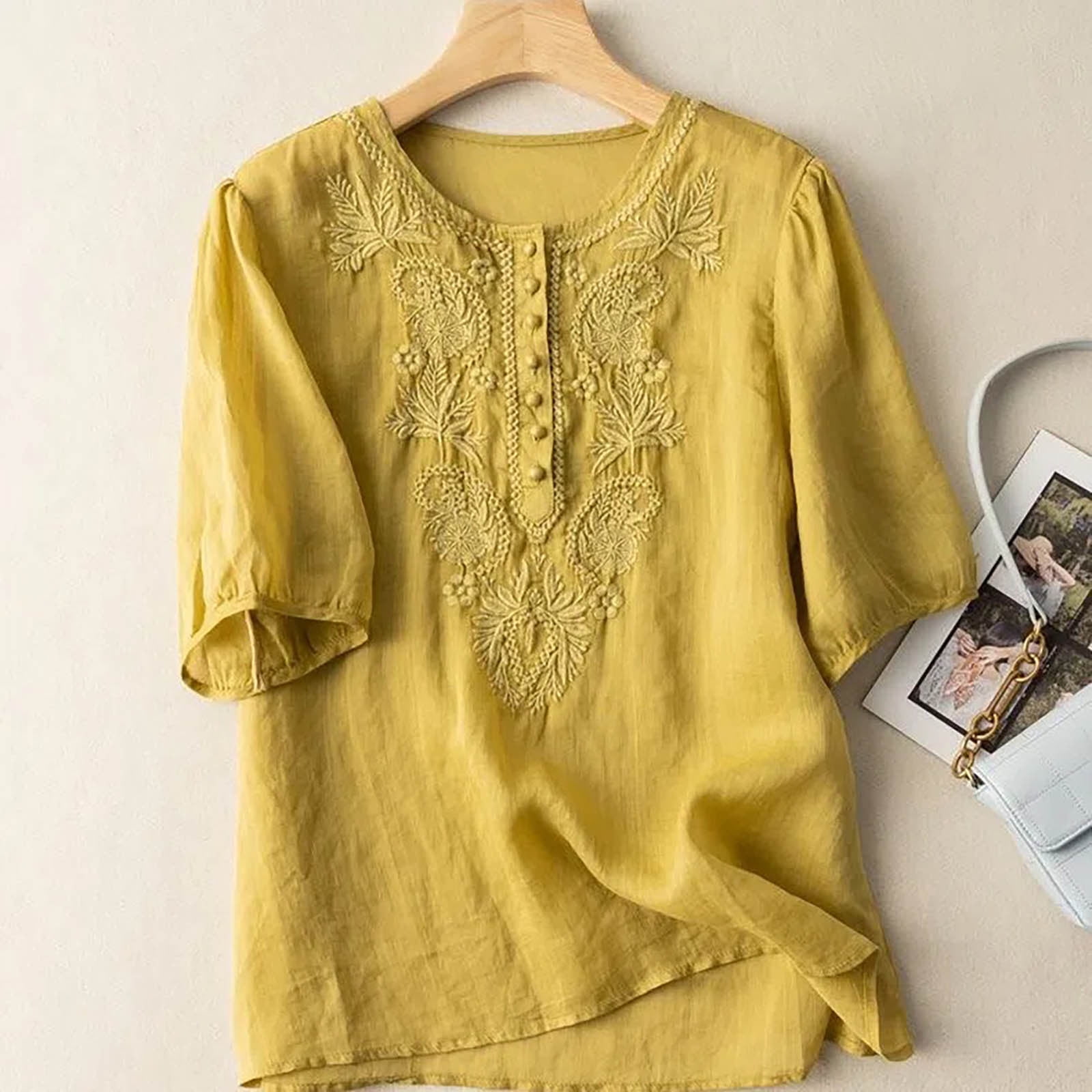 EADINVE Women's Casual 3/4 Sleeve Tunic Top - Loose Fit Round Neck Blouse (Small, Yellow White) - View #4