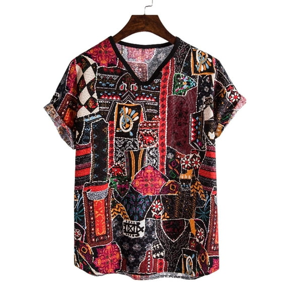 Leesechin Tops for Men Summer Ethnic Linen Printed V-Neck Short Sleeve T-Shirt