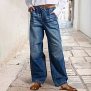 Leesechin Wide Leg Jeans for Women, Baggy Palazzo Mid Rise Straight Leg Denim Pants with Elastic Waist, Drawstring & Button