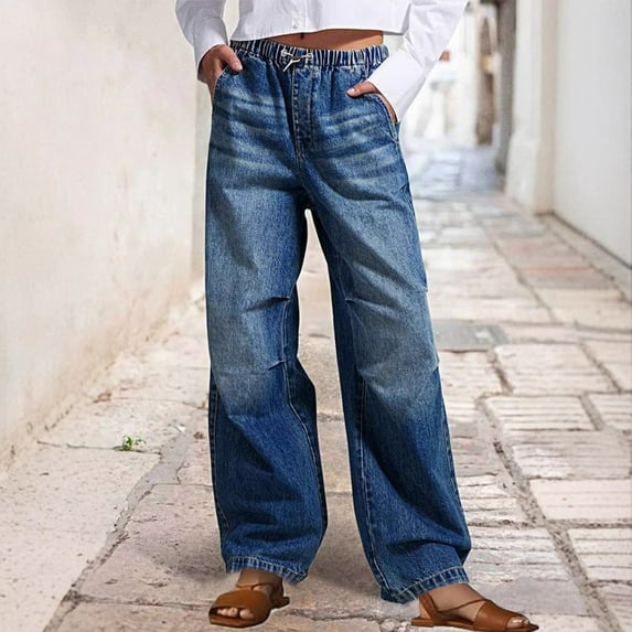 Leesechin Wide Leg Jeans for Women, Baggy Palazzo Mid Rise Straight Leg Denim Pants with Elastic Waist, Drawstring & Button