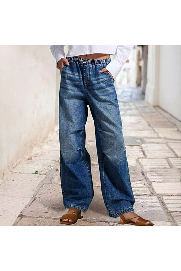 Leesechin Wide Leg Jeans for Women, Baggy Palazzo Mid Rise Straight Leg Denim Pants with Elastic Waist, Drawstring & Button