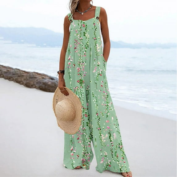 Leesechin Wide Leg Pants for Women Boyfriend Jogger Cold Shoulder Jumpsuit Printing Button Suspender Jumpsuits Wide Pocket Leg Pant