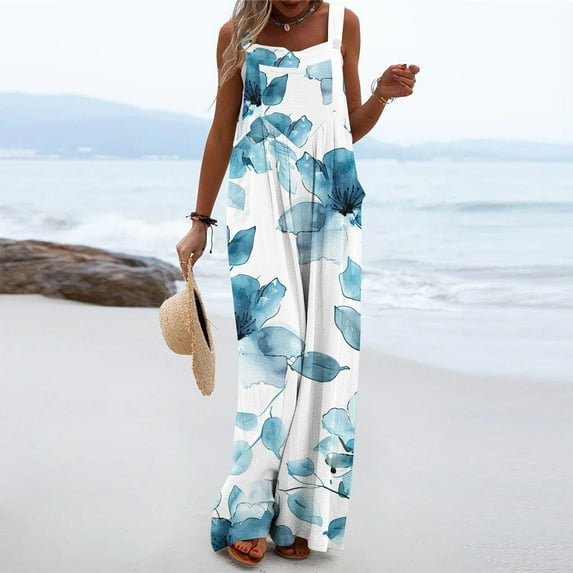 Leesechin Wide Leg Pants for Women Boyfriend Jogger Cold Shoulder Jumpsuit Printing Button Suspender Jumpsuits Wide Pocket Leg Pant on Clearance