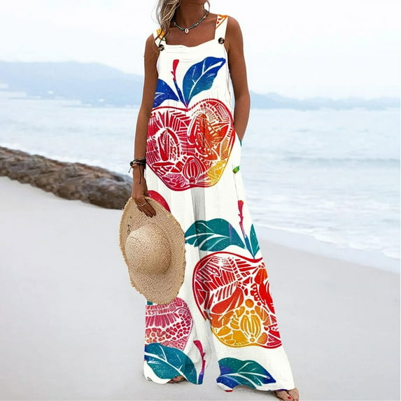 Leesechin Wide Leg Pants for Women Boyfriend Jogger Cold Shoulder Jumpsuit Printing Button Suspender Jumpsuits Wide Pocket Leg Pant on