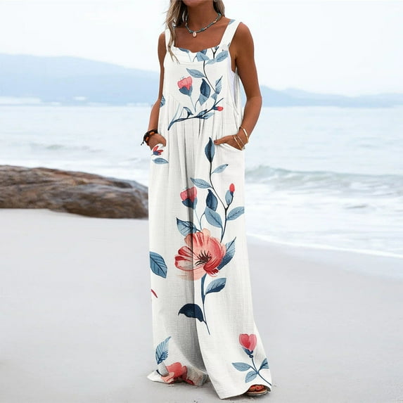 Leesechin Wide Leg Pants for Women Boyfriend Jogger Cold Shoulder Jumpsuit Printing Button Suspender Jumpsuits Wide Pocket Leg Pant