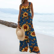 Leesechin Wide Leg Pants for Women Boyfriend Jogger Cold Shoulder Jumpsuit Printing Button Suspender Jumpsuits Wide Pocket Leg Pant on Clearance