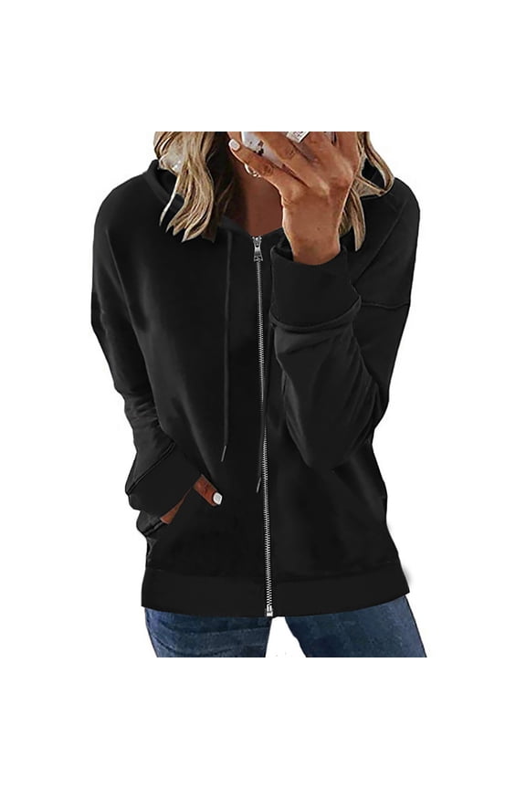 Leesechin Women Casual Basic Zip-Up Jersey Jacket Solid Hooded Sleeve Zipper Drawstring Tops Coat
